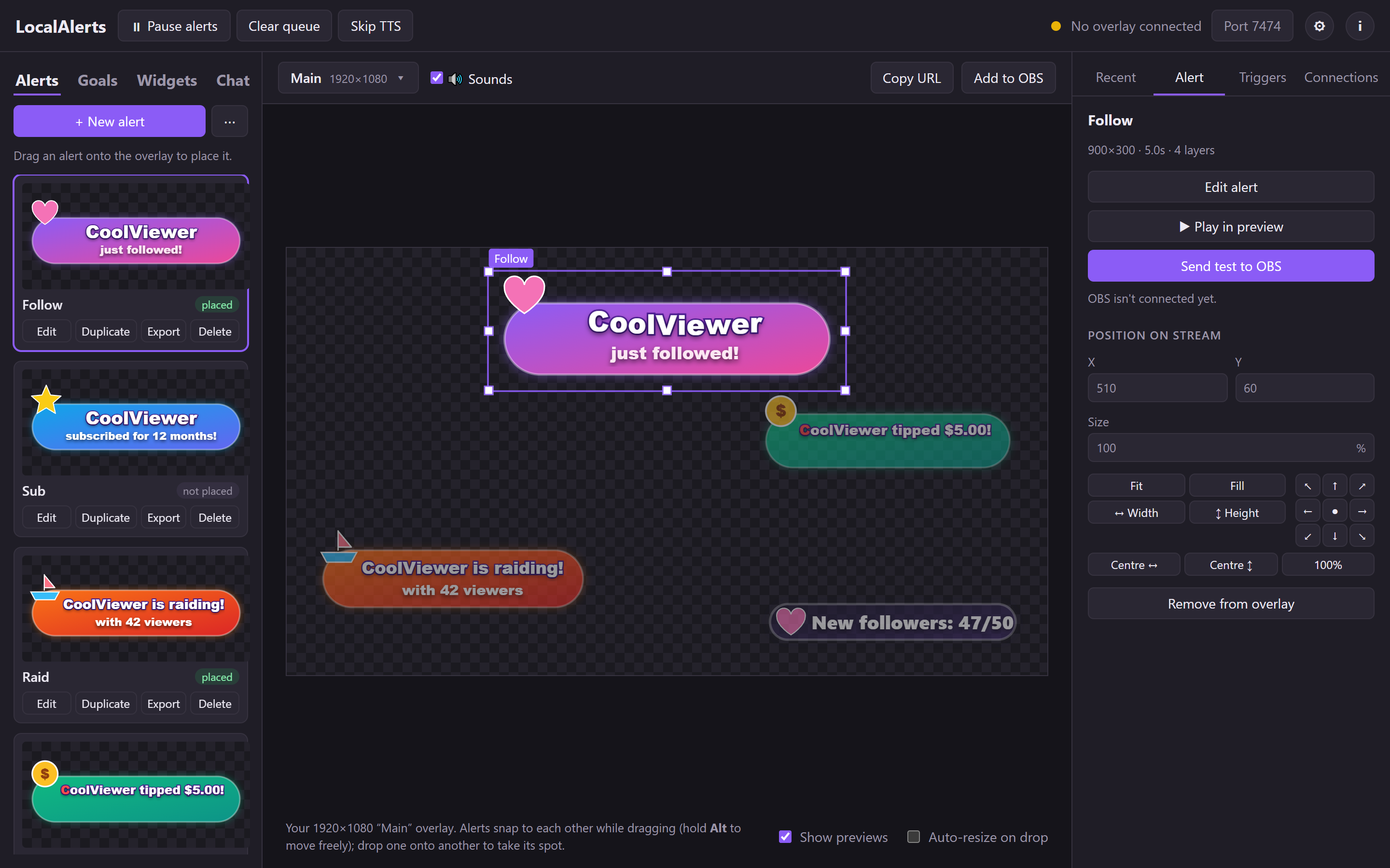 The main window: your alerts on the left, the stream canvas in the middle
