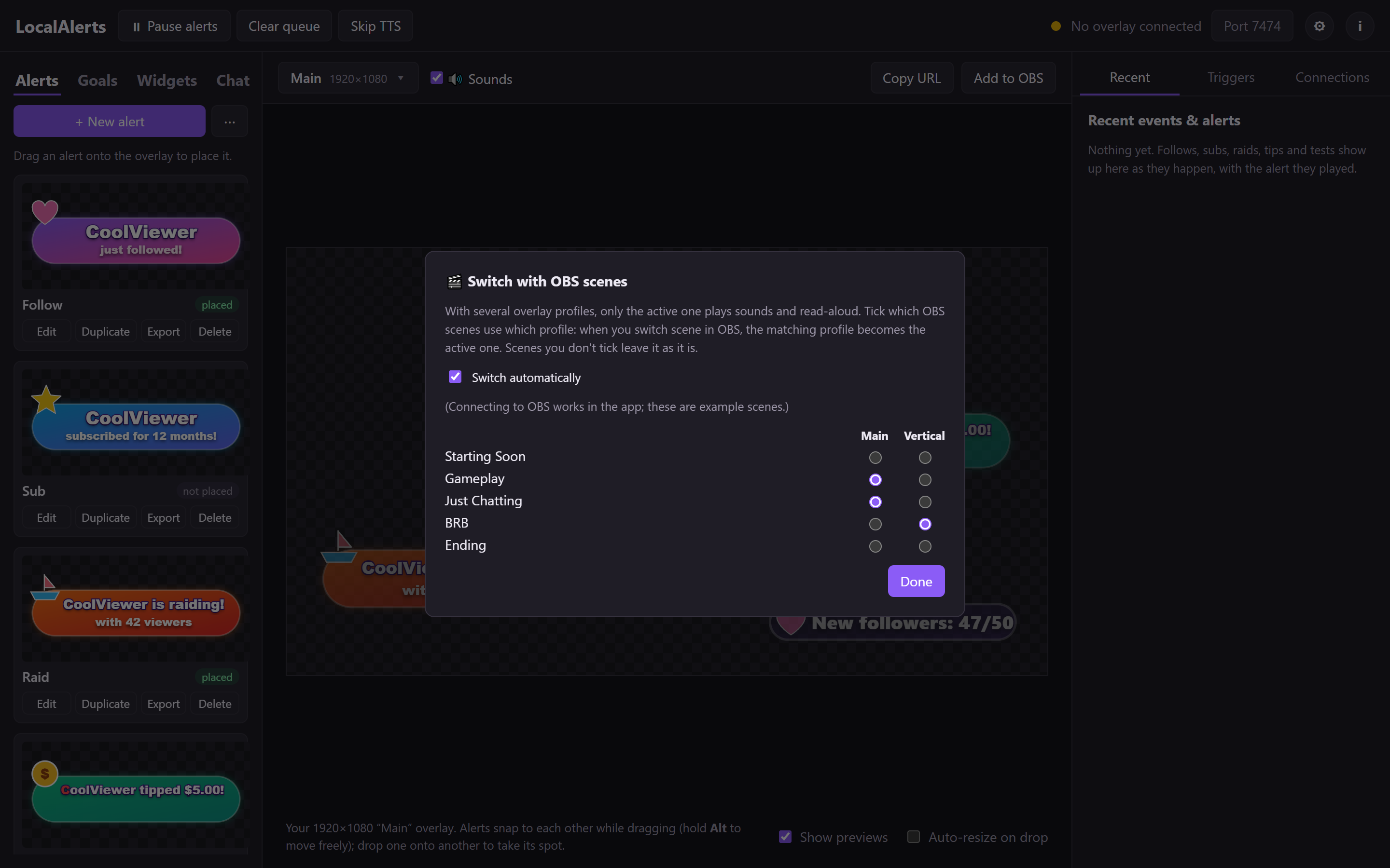 Switch with OBS scenes: each OBS scene ticked to a profile