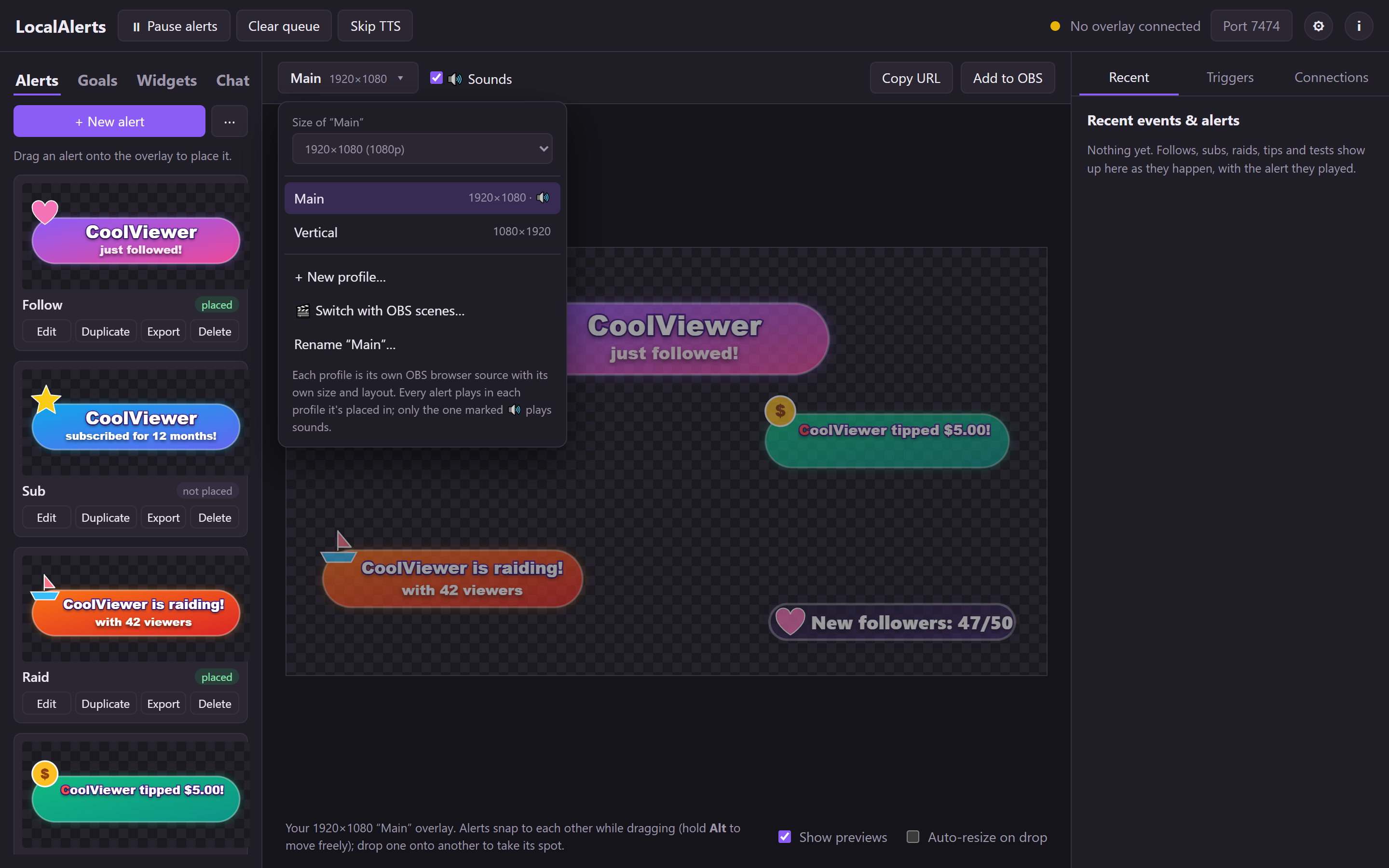 The overlay profile menu with a Main and a Vertical profile